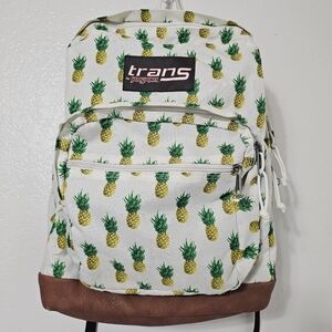 Trans by JanSport Pineapple Print Backpack White Canvas Brown Faux Leather Botto